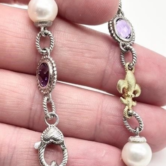 Judith Ripka Sterling Silver Amethyst, CZ & Pearl Fleur-de-Lis Bracelet - Picture 2 of 5